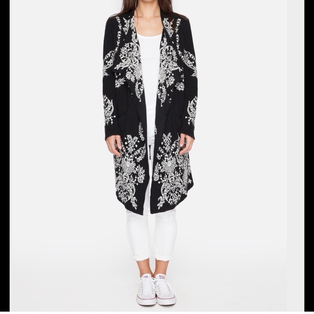Johnny Was Biya Rozmond Light Sweater wrap front. Black with white embroidery.